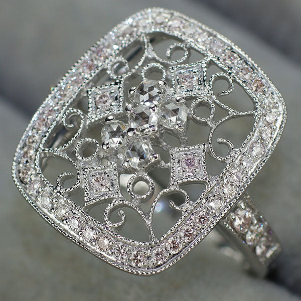 K18WG ローズカットダイヤモンド 天然ピンクダイヤモンド リング 0.16ct PD0.42ct アンティークレース