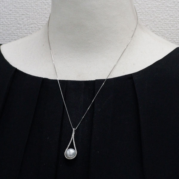 K18WG オーロラフェニックス白蝶真珠 ダイヤモンド ペンダントネックレス 径約10.5mm D0.30ct