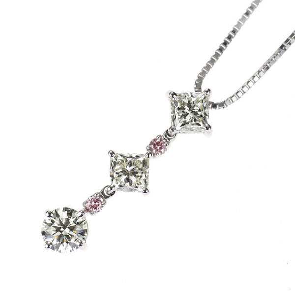 希少 K18WG カラーレス/ 天然ピンク ダイヤモンド ペンダントネックレス 1.005ct PD0.04ct スリーストーン