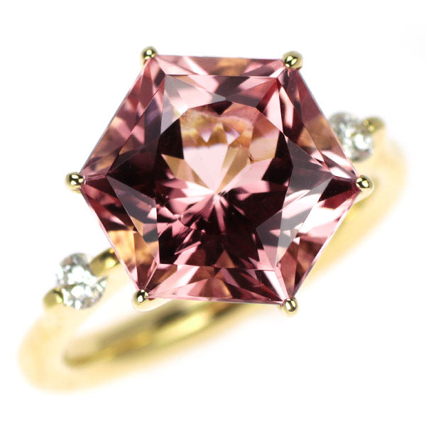K18YG ピンクトルマリン ダイヤモンド リング 6.89ct D0.16ct