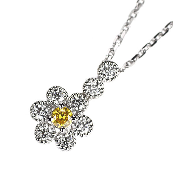 Pt900/ Pt850 天然イエロー ダイヤモンド ペンダントネックレス 0.125ct FVY I1 D0.285ct フラワー