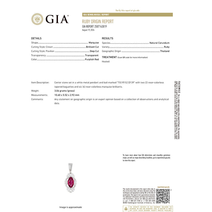 K18WG タイ産 ルビー ダイヤモンド ペンダントネックレス 1.52ct D1.39ct