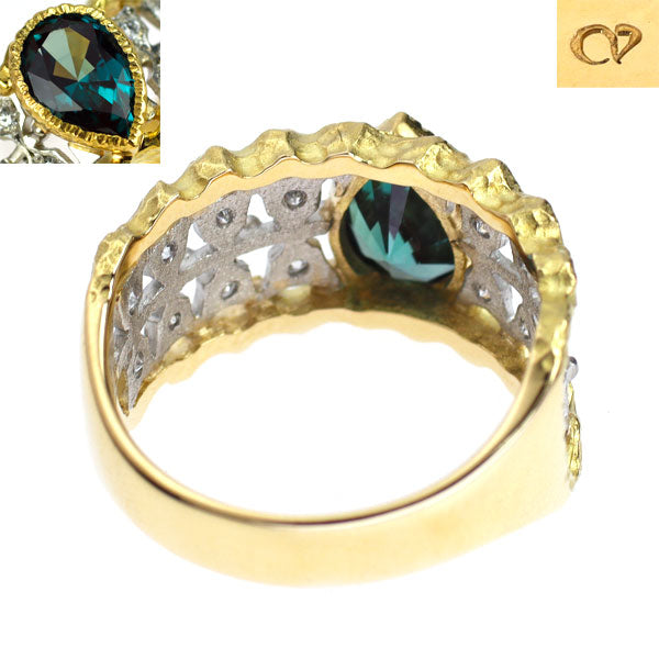 クレサンベール K18YG/Pt900 再結晶アレキサンドライト ダイヤモンド リング 1.19ct D0.19ct フィレンツェ彫