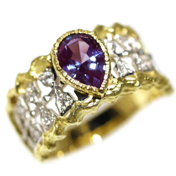 クレサンベール K18YG/Pt900 再結晶アレキサンドライト ダイヤモンド リング 1.19ct D0.19ct フィレンツェ彫