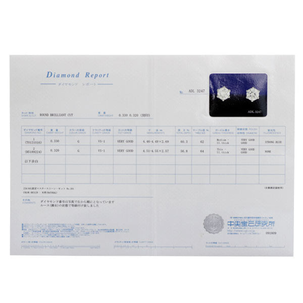 Pt900 ダイヤモンド ピアス 0.650ct G VS1 VG