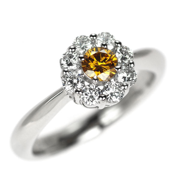 Pt900 天然オレンジ ダイヤモンド リング 0.210ct D0.34ct フラワー
