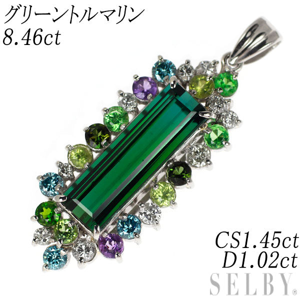 Pt900 グリーントルマリン カラーストーン ダイヤ ペンダントトップ 8.46ct CS1.45ct D1.02ct