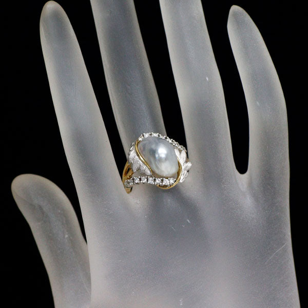 小川和郎 K18YG/ Pt900 白蝶真珠 ダイヤモンド リング D0.29ct