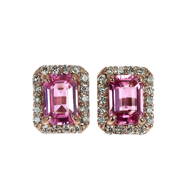 新品 K18PG エメラルドカット ピンクサファイア ダイヤモンド ピアス 1.16ct D0.20ct 【エスコレ】
