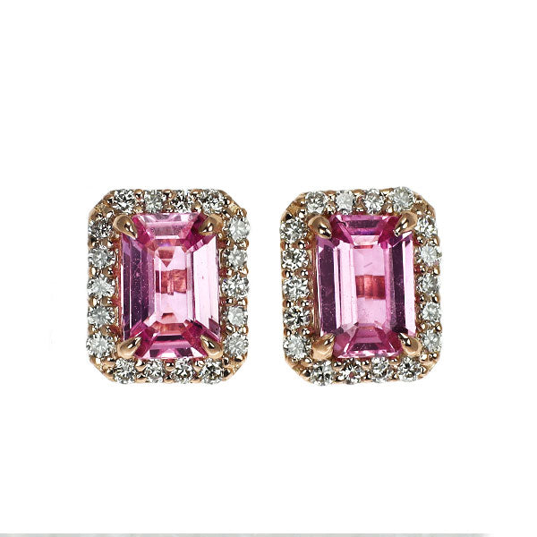 新品 K18PG エメラルドカット ピンクサファイア ダイヤモンド ピアス 1.08ct D0.20ct 【エスコレ】