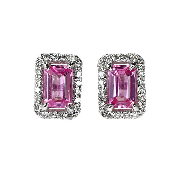 新品 Pt950/ Pt900 エメラルドカット ピンクサファイア ダイヤモンド ピアス 1.18ct D0.22ct 【エスコレ】