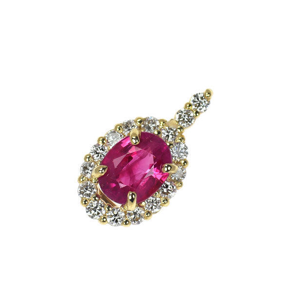 新品 K18YG ビルマ産 オーバルシェイプ ルビー ペンダントトップ 0.52ct D0.16ct 【エスコレ】