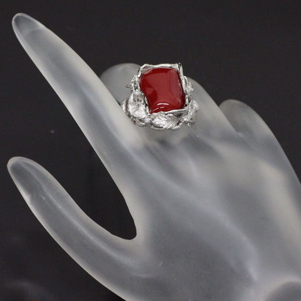 Pt900 珊瑚/サンゴ ダイヤモンド リング D0.12ct
