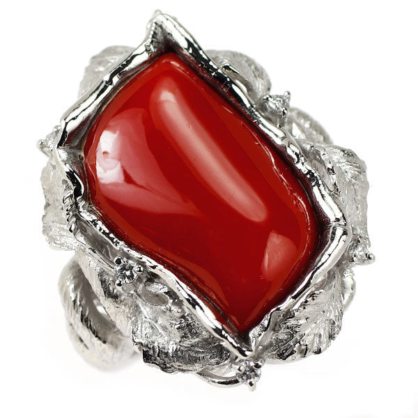 Pt900 珊瑚/サンゴ ダイヤモンド リング D0.12ct