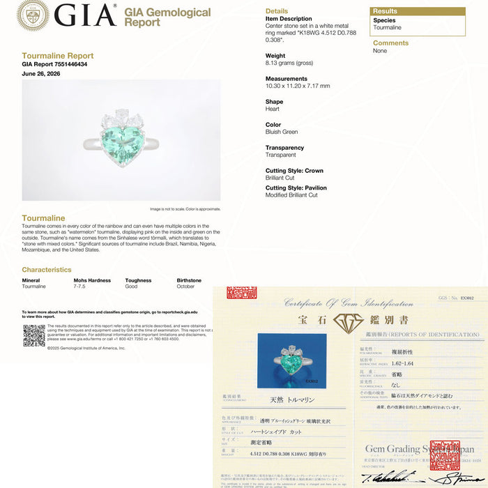 K18WG ブルーグリーントルマリン ダイヤモンド リング 4.512ct PSD0.788ct D0.308ct
