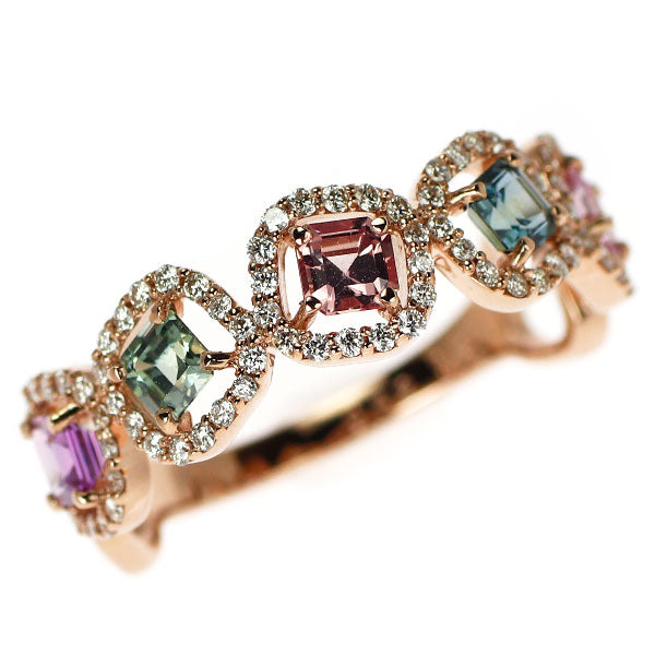 新品 K18PG マルチカラー サファイア ダイヤモンド リング 0.82ct D0.27ct