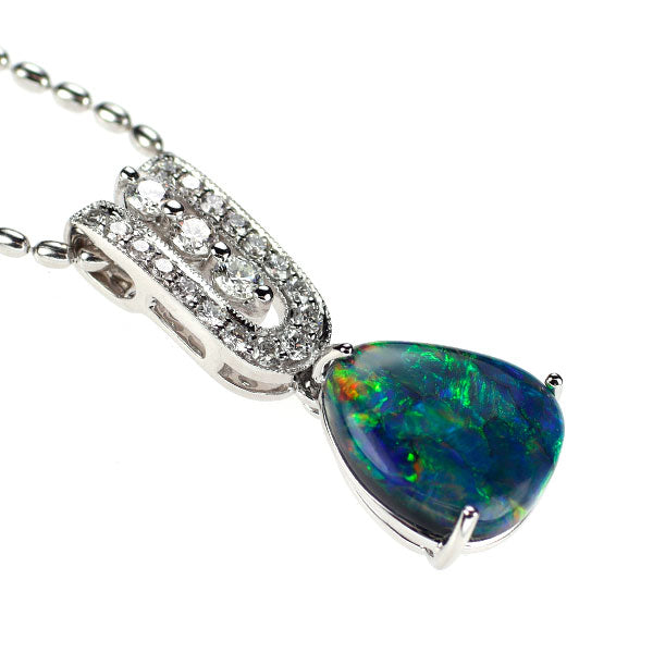 K18WG ブラックオパール ダイヤモンド ペンダントネックレス 2.09ct D0.30ct