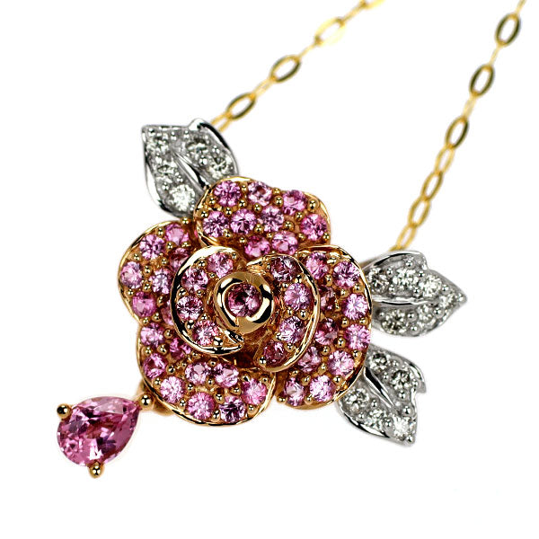GSTV K18YG/WG/PG ピンクサファイア ダイヤモンド ペンダントネックレス 0.60ct D0.10ct 薔薇