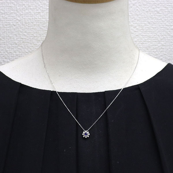K18WG サファイア ダイヤモンド ペンダントネックレス 0.12ct D0.05ct フラワー