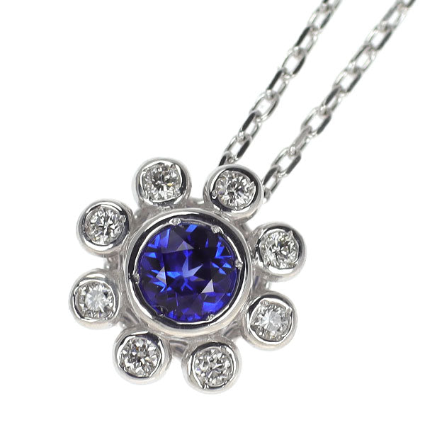 K18WG サファイア ダイヤモンド ペンダントネックレス 0.12ct D0.05ct フラワー
