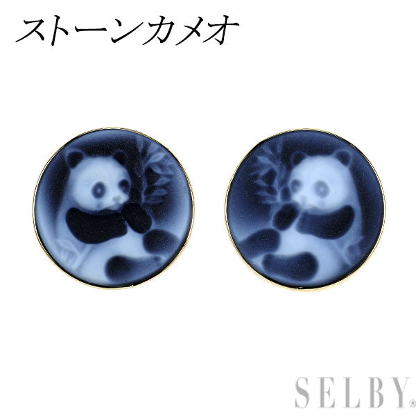 K18YG ストーンカメオ ピアス パンダ