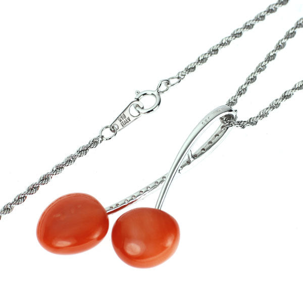 K18WG 珊瑚 ダイヤモンド ペンダントネックレス D0.26ct さくらんぼ