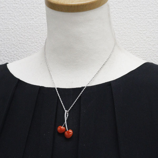 K18WG 珊瑚 ダイヤモンド ペンダントネックレス D0.26ct さくらんぼ