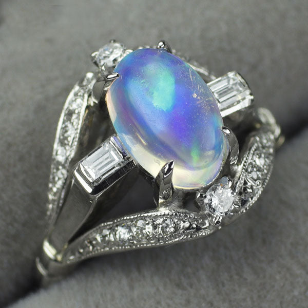 Pt850 ウォーターオパール ダイヤモンド リング 1.67ct D0.35ct