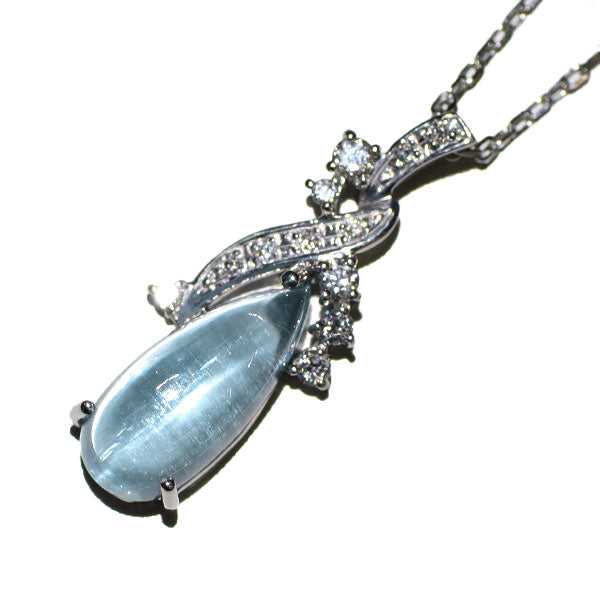 Pt900/ Pt850 アクアマリンキャッツアイ ダイヤモンド ペンダントネックレス 3.08ct D0.15ct