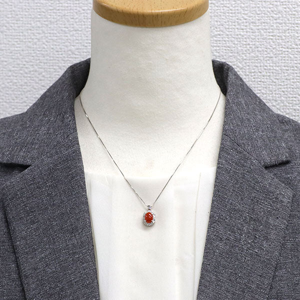 Pt900/ Pt850 珊瑚/サンゴ ダイヤモンド ペンダントネックレス 1.03ct D0.31ct