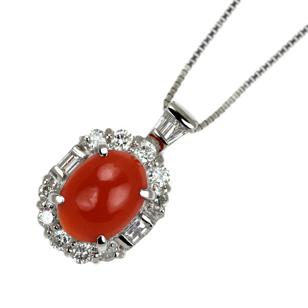 Pt900/ Pt850 珊瑚/サンゴ ダイヤモンド ペンダントネックレス 1.03ct D0.31ct