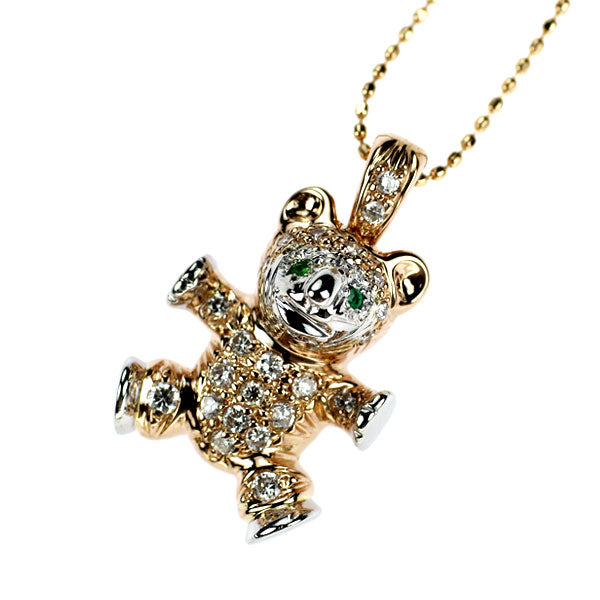 K18PG/Pt900 ダイヤモンド エメラルド ペンダントネックレス 0.27ct D0.02ct 熊