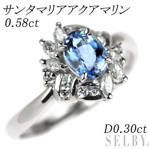 Pt900 サンタマリア アクアマリン ダイヤモンド リング 0.58ct D0.30ct
