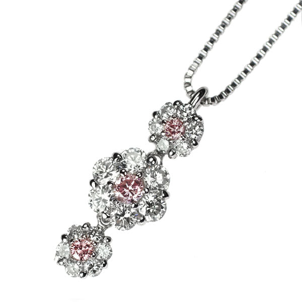 希少 Pt900/ Pt850 天然ピンク/ カラーレス ダイヤモンド ペンダントネックレス 0.071ct FPP SI2 PD0.046ct D0.62ct フラワー