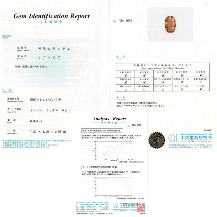 Pt950 非加熱 パパラチアサファイア ダイヤモンド リング 0.829ct D0.11ct