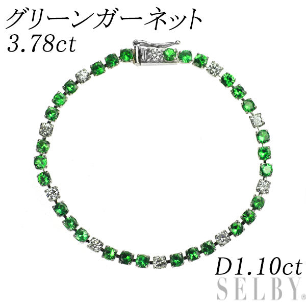 Pt900 グリーン ガーネット ダイヤモンド ブレスレット 3.78ct D1.10ct テニス