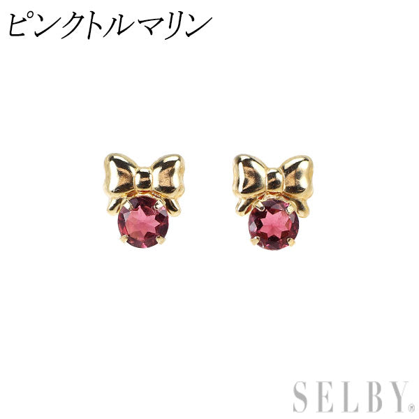 新品 K10YG ピンク トルマリン ピアス 【エスコレ】リボン