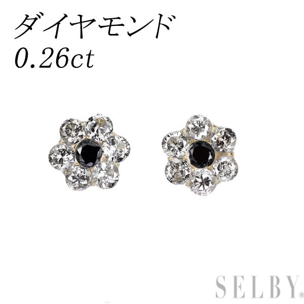 新品 K10YG カラーレス/ブラック ダイヤモンド ピアス 0.26ct【エスコレ】フラワー