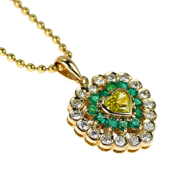 クイーン K18YG ハートシェイプ トリートイエロー ダイヤモンド エメラルド ペンダントネックレス 0.46ct E0.65ct D0.65ct チェーン社外 《セルビー銀座店》【中古】