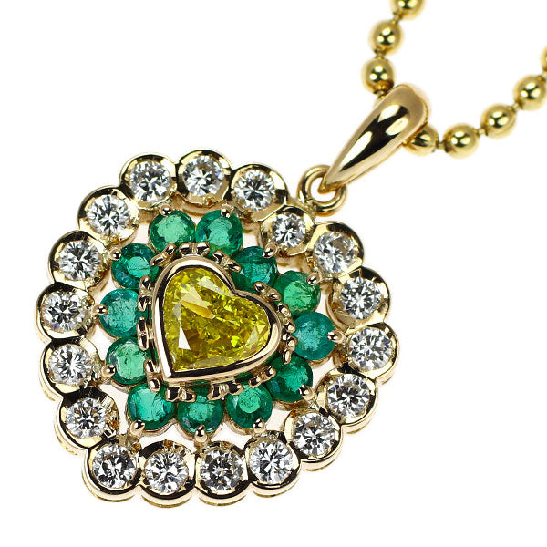 クイーン K18YG ハートシェイプ トリートイエロー ダイヤモンド エメラルド ペンダントネックレス 0.46ct E0.65ct D0.65ct チェーン社外 《セルビー銀座店》【中古】