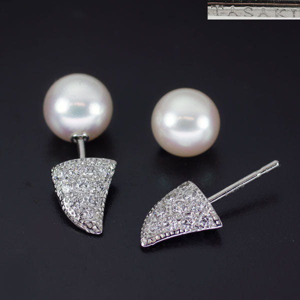 田崎真珠 K18WG アコヤ真珠 ダイヤモンド ピアス 径約7.6mm D0.48ct デインジャーファング