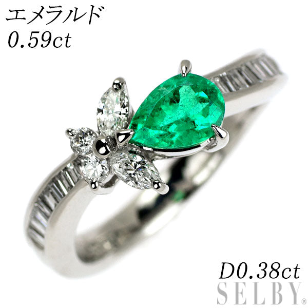 Pt900 ペアシェイプ エメラルド ダイヤモンド リング 0.59ct D0.38ct