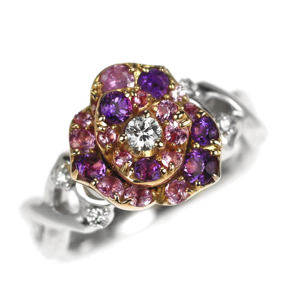 K18WG/PG ピンクサファイア アメジスト ダイヤ リング 0.20ct AM0.14ct D0.07ct フラワー ピンキー