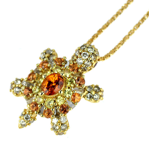 K18YG オレンジ/イエロー サファイア ルビー ダイヤモンド ペンダントネックレス 0.47ct R0.02ct D0.28ct カメ