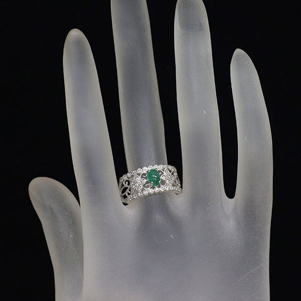 Pt900 カボション エメラルド ダイヤモンド リング 0.44ct D0.29ct