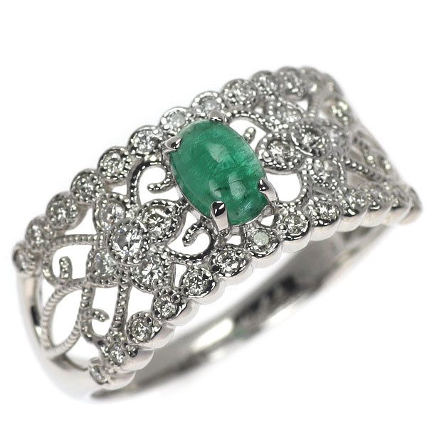 Pt900 カボション エメラルド ダイヤモンド リング 0.44ct D0.29ct