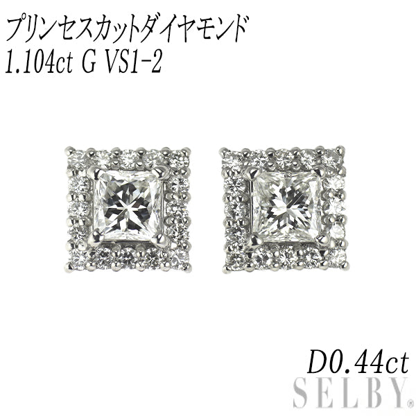 新品 Pt900/ Pt950 プリンセスカット ダイヤモンド ピアス 1.104ct G VS1-2 D0.44ct