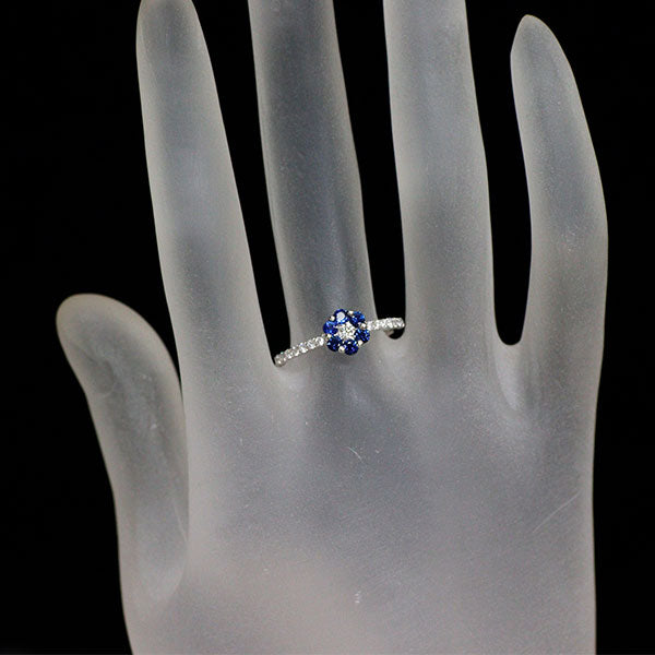 K18WG サファイア ダイヤ リング 0.35ct D0.24ct フラワー