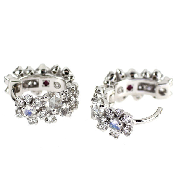 K18WG ムーンストーン ダイヤモンド ピアス 0.32ct D0.80ct フープ