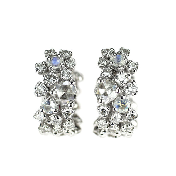 K18WG ムーンストーン ダイヤモンド ピアス 0.32ct D0.80ct フープ
